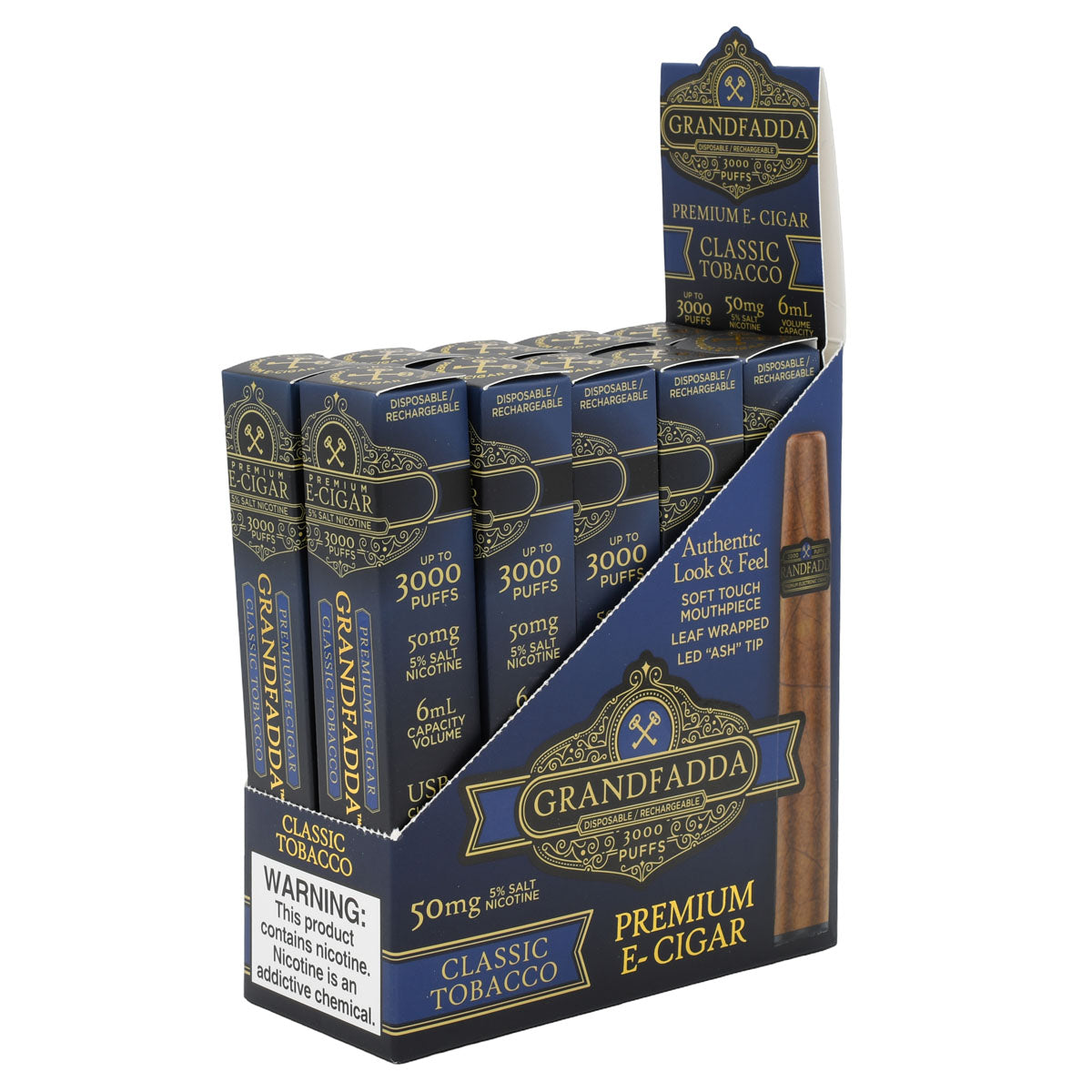 10-Pack Retail Ready Classic Tobacco Grandfadda Premium E-Cigars