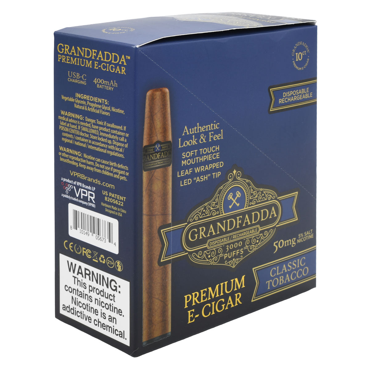 10-Pack Classic Tobacco Premium E-Cigars - Side View