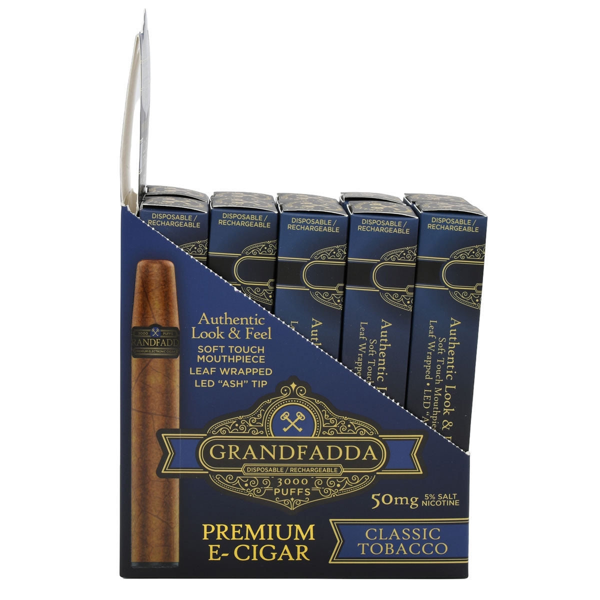 10-Pack Classic Tobacco Premium E-Cigars - Side View Open Box