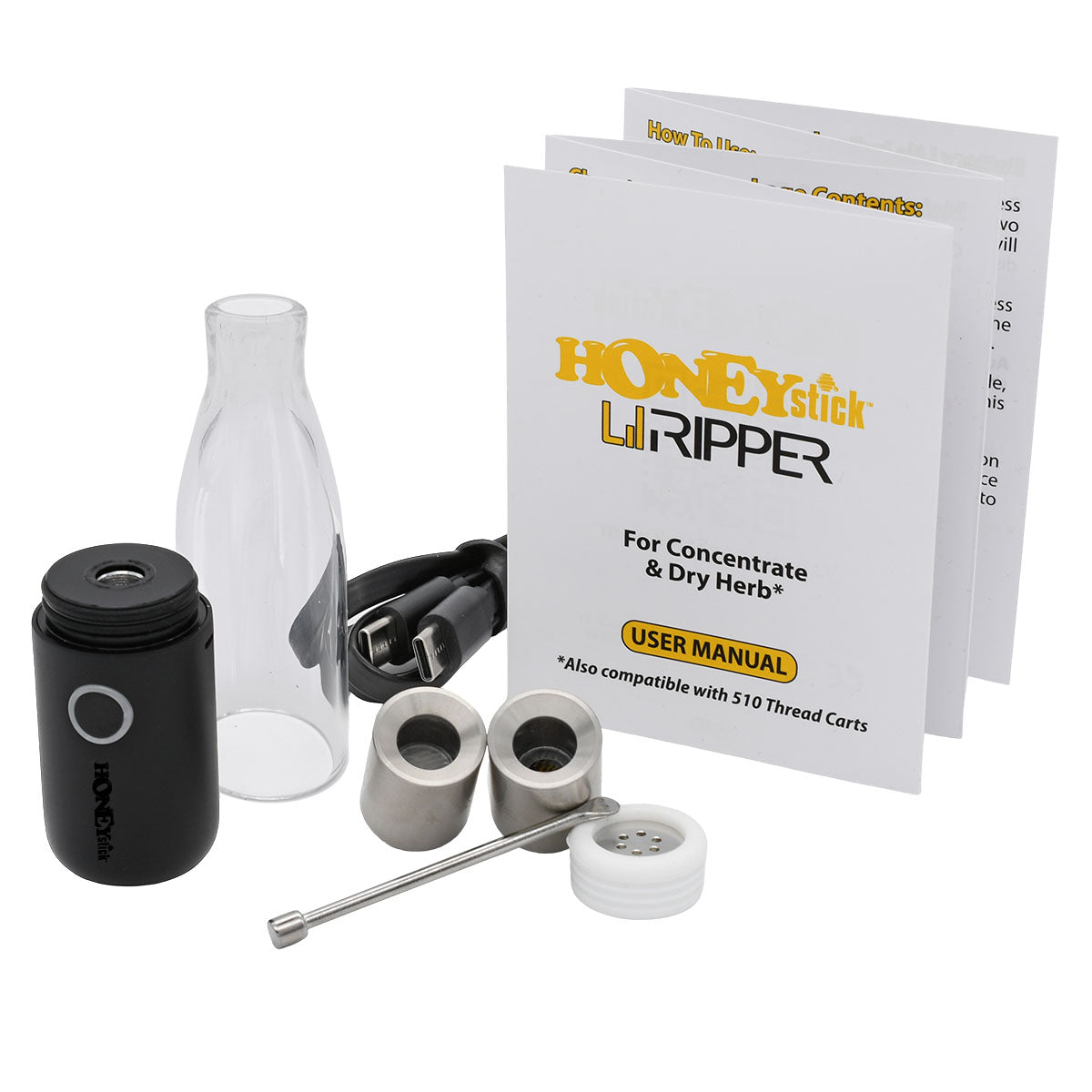 '- Glass Mouthpiece / Bubbler
- 600mAh Dab Pen Battery (E-rig Base)
- 1 x Quartz Wax Atomizer (Coil-Less Design)
- 1 x Dry Herb Heating Chamber (Non-Contact Coil)
- 1 x USB-C Charging Cable
- 1 x Professional Packing Tool
- 1 x Atomizer Cover Cap