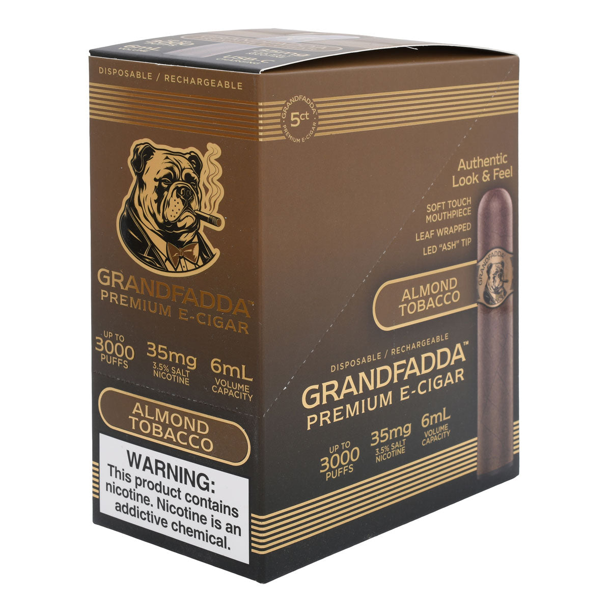5-Pack Almond Tobacco Grandfadda E-cigars. Each e-cigar is individually wrapped in airtight, easy-open packaging.