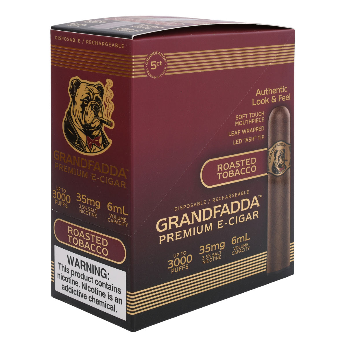Grandfadda Gordo E-Cigar 5-Pack Roasted Tobacco Flavor (L Angle)