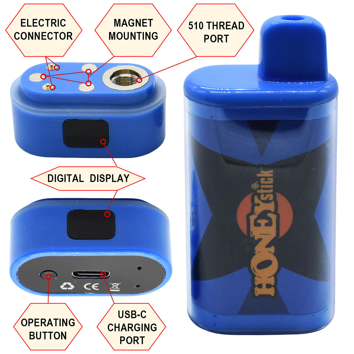 Box Cartridge Vape Elements: 510 thread port, magnet mounting, electric connector, digital display, operating button and USB charging port