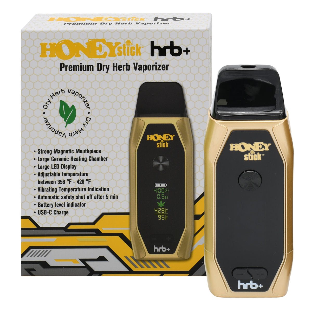 Yellow HRB+ Vaporizer with packaging box.