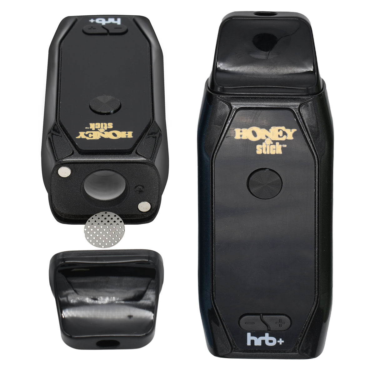 14mm Ceramic heating chamber, protective mesh and magnetic mouthpiece next to Black unit, assembled HRB+ Dry Herb Vaporizer 