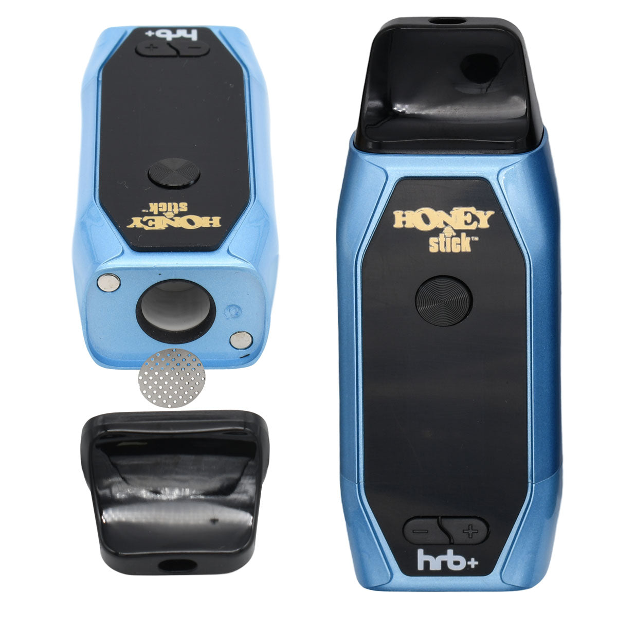 14mm Ceramic heating chamber, protective mesh and magnetic mouthpiece next to Blue unit, assembled HRB+ Dry Herb Vaporizer 