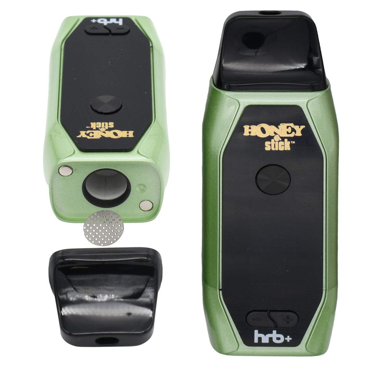 14mm Ceramic heating chamber, protective mesh and magnetic mouthpiece next to Green unit, assembled HRB+ Dry Herb Vaporizer 