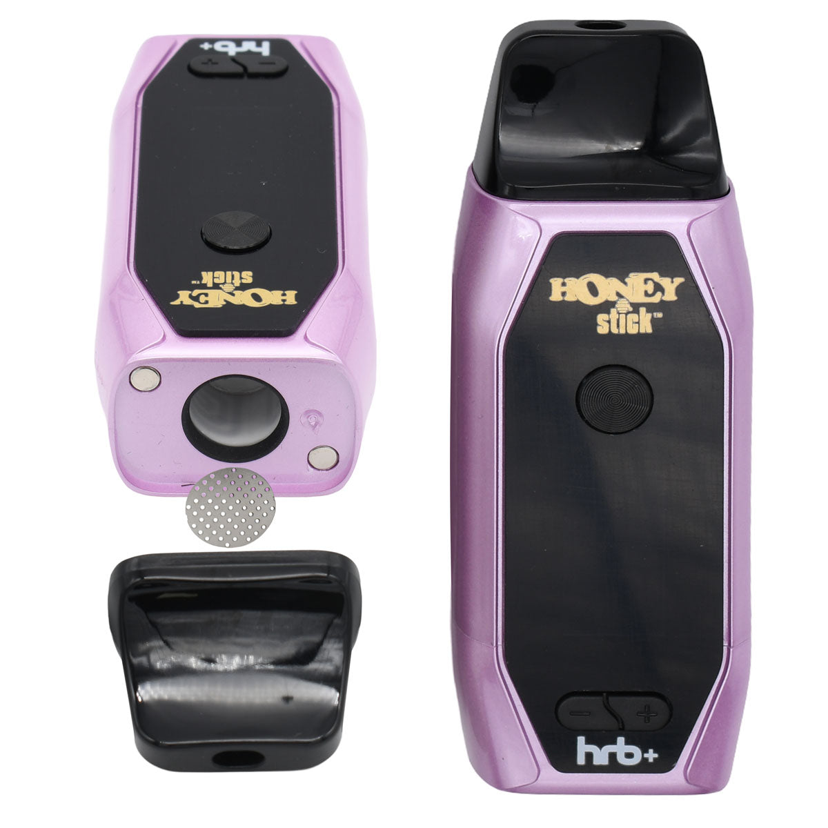 14mm Ceramic heating chamber, protective mesh and magnetic mouthpiece next to Purple unit, assembled HRB+ Dry Herb Vaporizer 