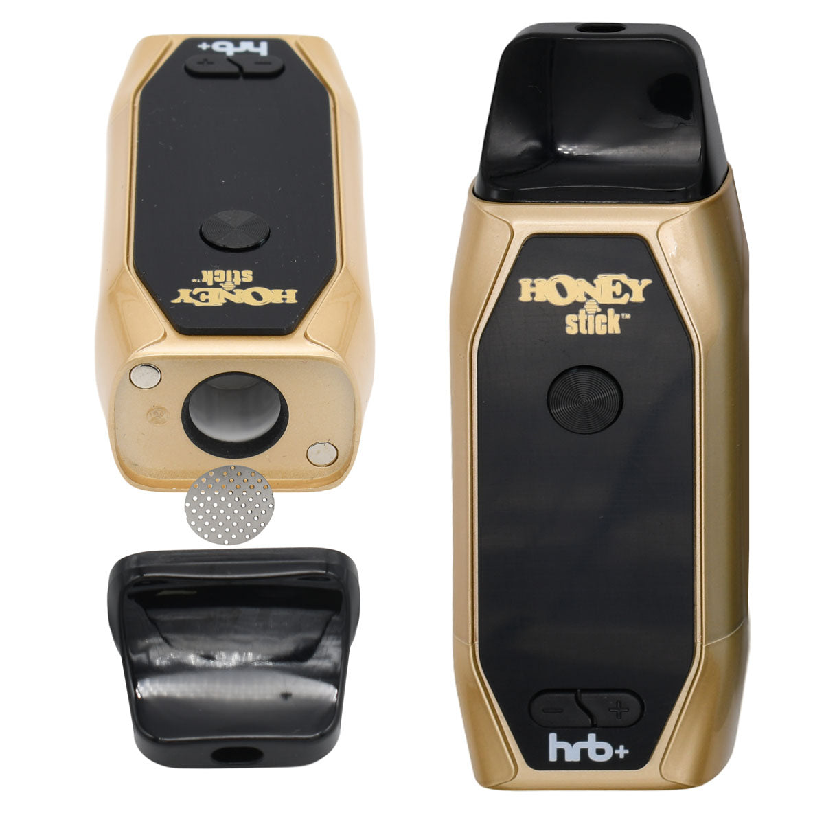 14mm Ceramic heating chamber, protective mesh and magnetic mouthpiece next to Yellow unit, assembled HRB+ Dry Herb Vaporizer 