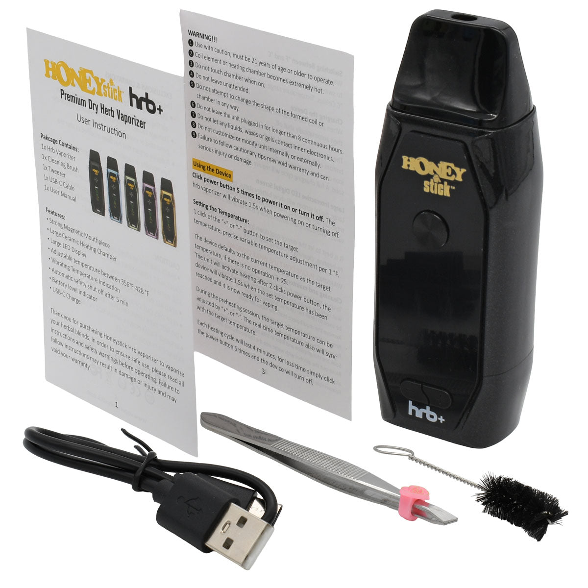 Black color HRB+ Vape Pen Kit includes: Vaporizer, USB-C cable, Cleaning Brush, Tweezers and Manual