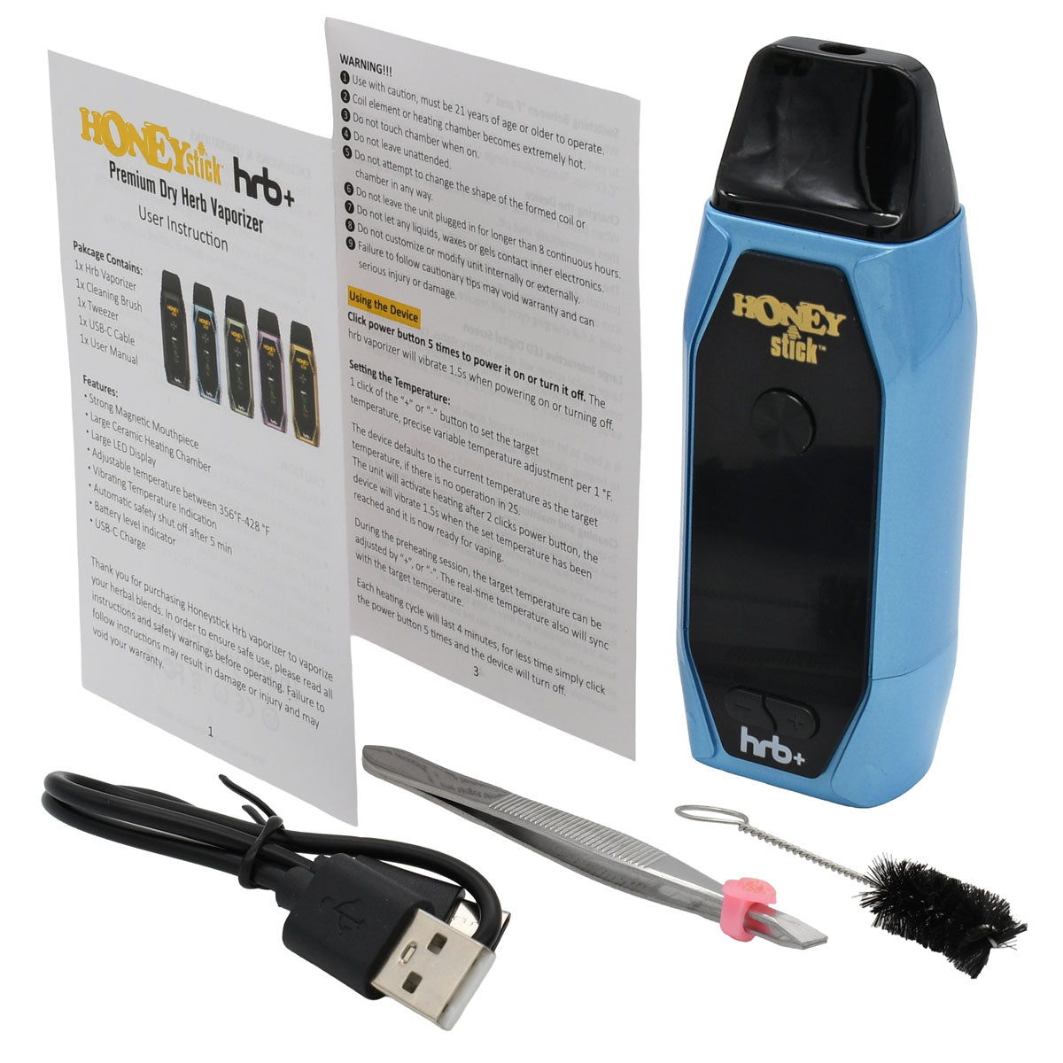 Blue skin color HRB+ Vape Pen Kit includes: Vaporizer, USB-C cable, Cleaning Brush, Tweezers and Manual