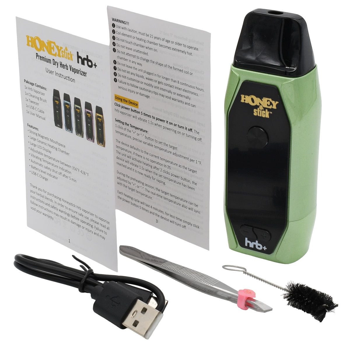 Green skin color HRB+ Vape Pen Kit includes: Vaporizer, USB-C cable, Cleaning Brush, Tweezers and Manual