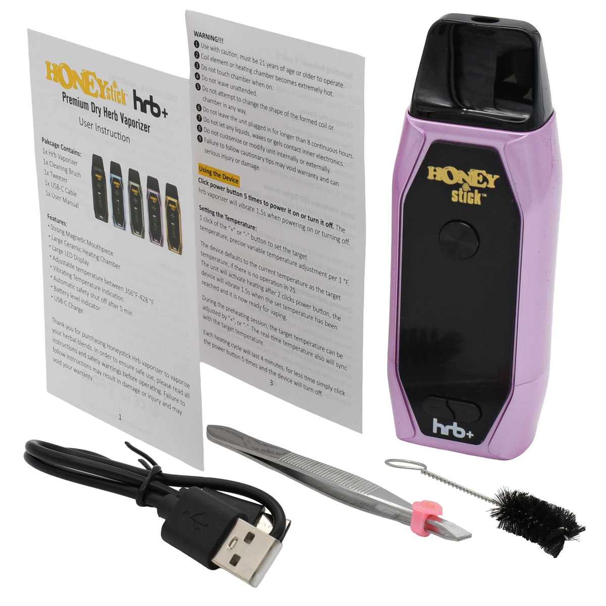 Purple skin color HRB+ Vape Pen Kit includes: Vaporizer, USB-C cable, Cleaning Brush, Tweezers and Manual
