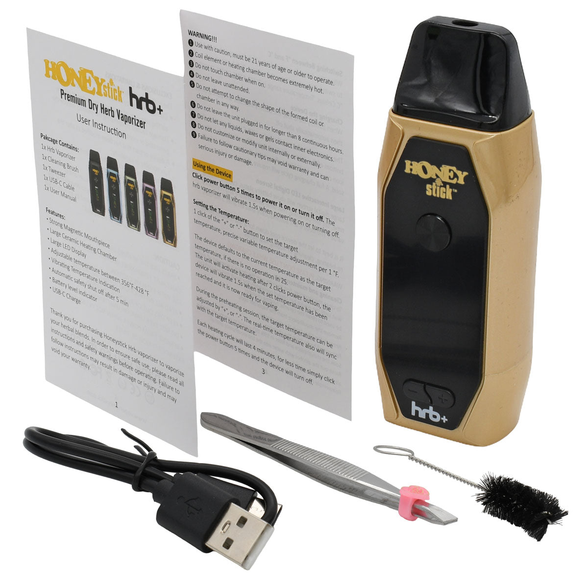 Yellow skin color HRB+ Vape Pen Kit includes: Vaporizer, USB-C cable, Cleaning Brush, Tweezers and Manual