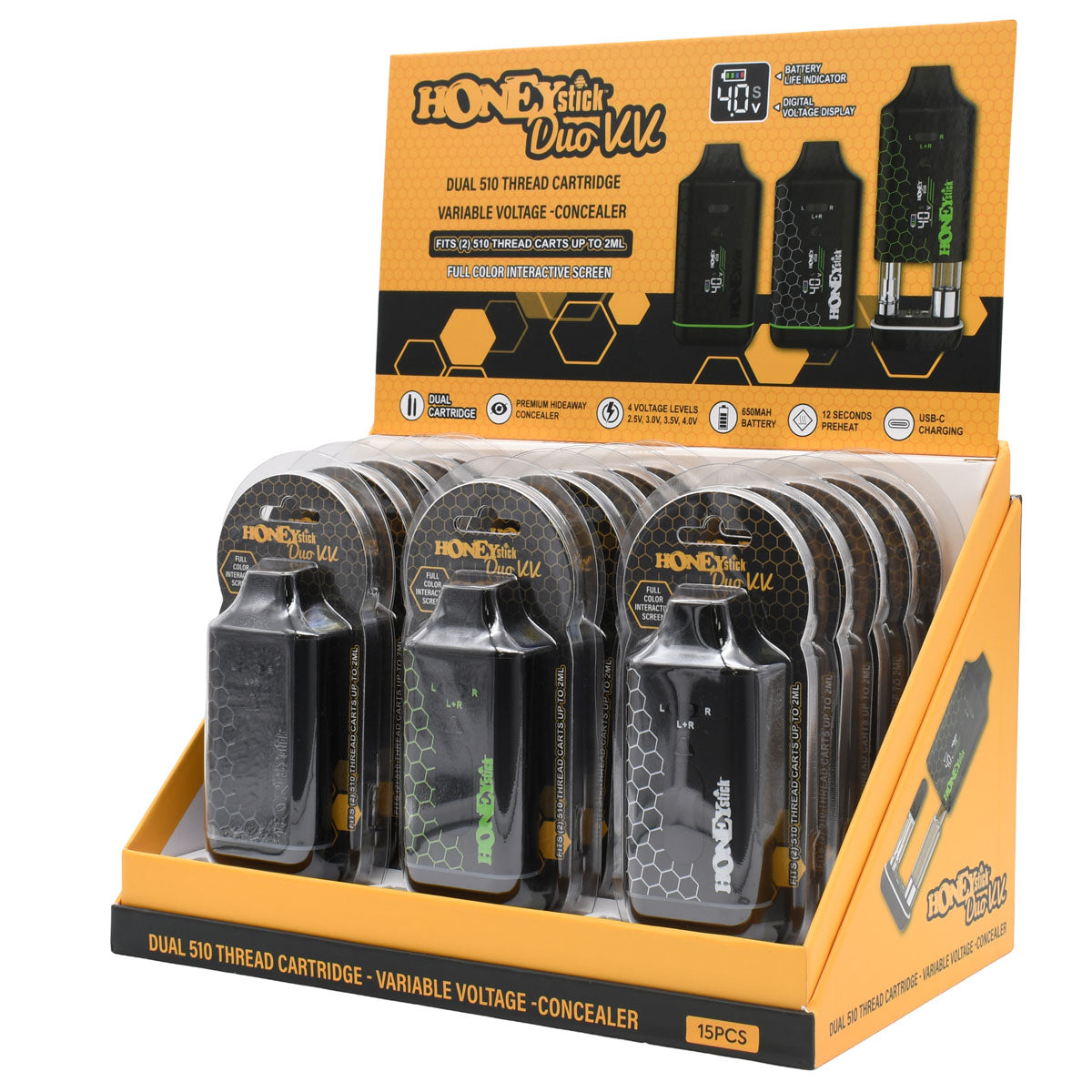 15PC POP packaging side view display box of Honeystick DUO VV Cart Pen