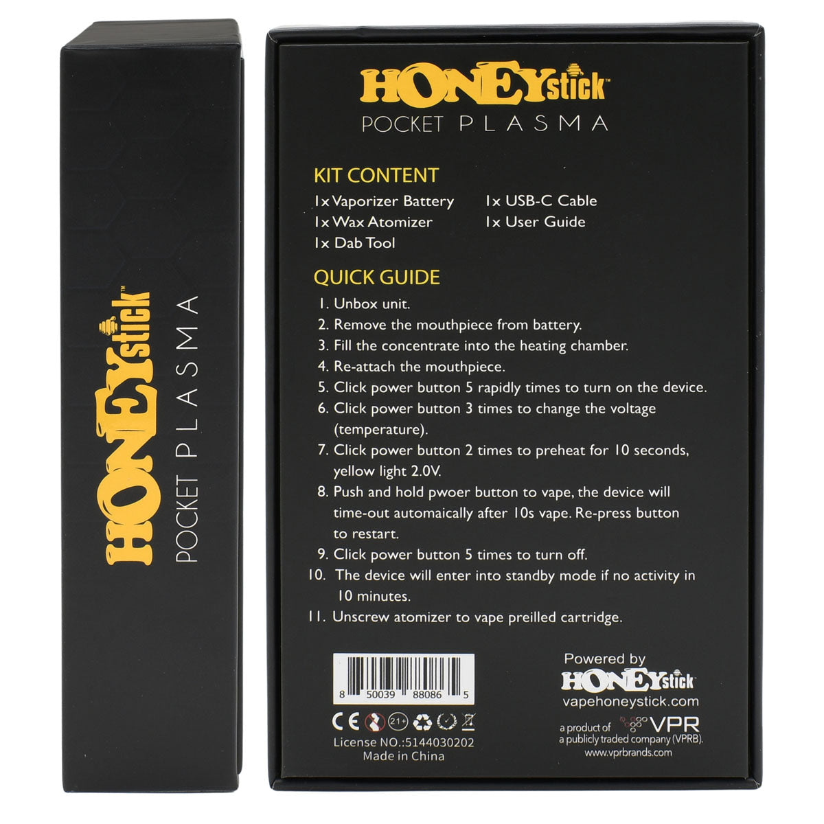 Pocket Plasma Side and back view of packaging box showing content and user guide print